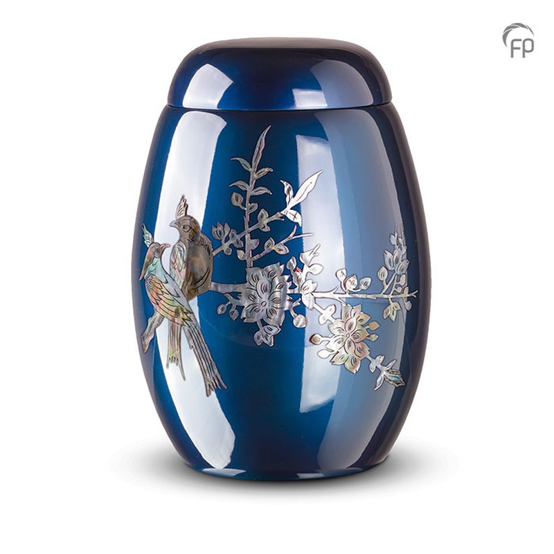 Urn glasfiber blauw met vogels